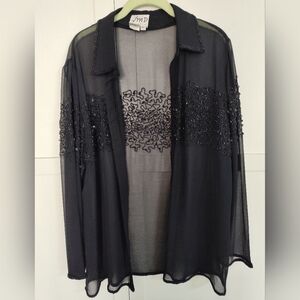 Vintage Black Sheer Cardigan With Beadwork Detail Sz XL 14/16 Elegant Luxury
